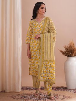 FASHOR - Floral Printed and Embroidered Straight Fit Kurta with Pant and Dupatta (Set of 3)
