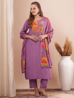 FASHOR - Floral Printed and Embroidered Straight Fit Kurta with Pant and Dupatta (Set of 3)