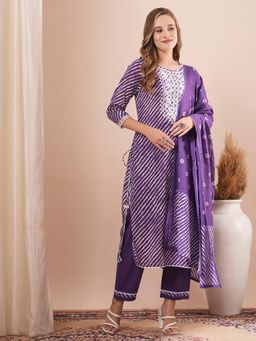 FASHOR - Printed Embroidered Straight Fit Kurta with Pant and Dupatta (Set of 3)