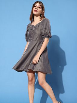 Style Quotient - Women Solid Slate Grey Velvet Smart Casual Mini Dress