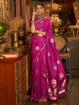 Akhilam - Womens Silk Blend Magenta Woven Designer Saree with Unstitched Blouse