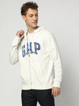GAP - Men Off White Solid Front Pocket Hoodie