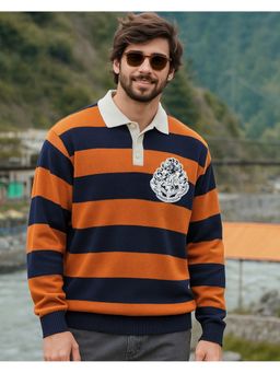 Bewakoof - Harry Potter Men Orange and Navy Blue Striped Oversized Polo Sweater
