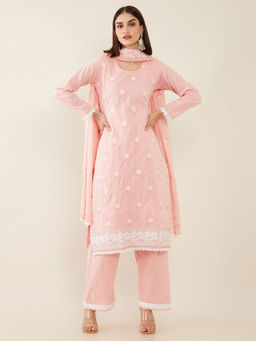 Soch - Pink Embroidery Cotton Unstitched Dress Material With Lace - 3 Meter Kurta Fabric