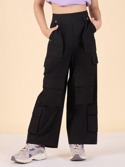 Stylo Bug - Girls Solid Ankle Length Regular Casual Wear Cargo Pants Black