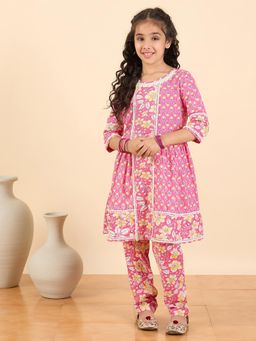 Stylo Bug - Girls Round Neck Ethnic Wear Kurti with Pant Pink