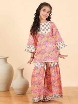 Stylo Bug - Girls Round Neck Ethnic Wear Kurti with Sharara and Dupatta Pink