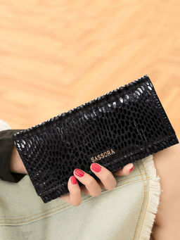 Sassora - Women Trendy Black Genuine Leather Wallet (6 Card Slots) (M)