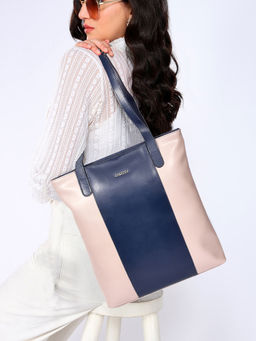 Sassora - Pink & Navy Blue Premium Leather Women Shopper Bag (L)