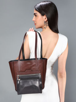 Sassora - Brown & Black Genuine Leather Shopper Bag for Women (M)