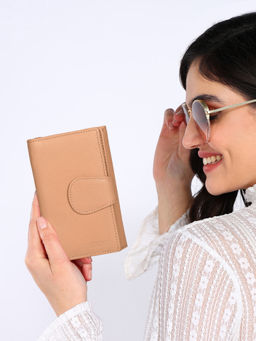 Sassora - Women Beige Genuine Leather RFID Wallet (15 Card Slots) (M)