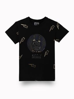 Gini & Jony - Boys Black Graphic Print Cotton Half Sleeves T-Shirt