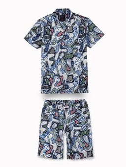Palm Tree By Gini & Jony - Boys White Abstract Polyester Half Sleeves Co-Ord (Set of 2)