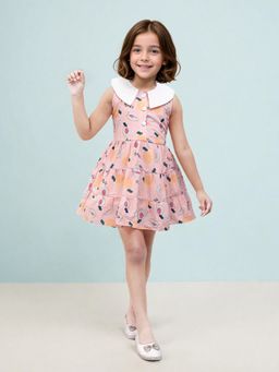 Toonyport - Peach Printed Girls Fit and Flare Dress