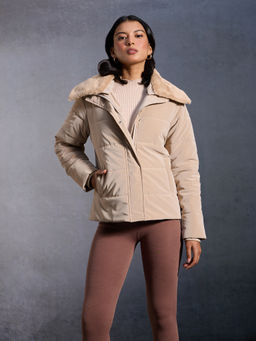 RSVP by Nykaa Fashion - Beige Solid Furry Collar Puffer Jacket