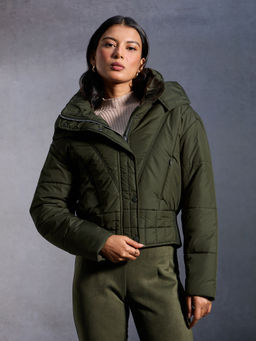 RSVP by Nykaa Fashion - Olive Solid High Neck Full Sleeves Short Puffer Jacket Detachable Hood