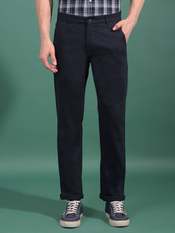 CRIMSOUNE CLUB - Men Navy Blue Textured Straight Trouser