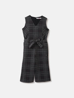 ELLE - Girls Black Checked V-Neck Sleeveless Jumpsuit with Belt (Set of 2)