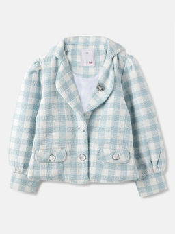 ELLE - Girls Blue Checked Notched Lapel Collar Full Sleeves Single Breasted Blazer