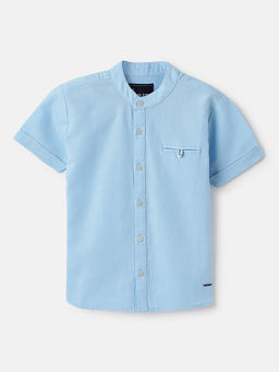 Blue Giraffe - Boys Blue Band Collar Short Sleeve Solid Shirt