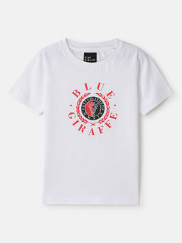 Blue Giraffe - Boys White Round Neck Short Sleeve Typography T-Shirt