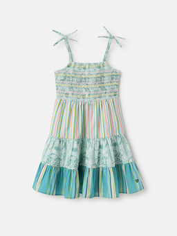 Blue Giraffe - Girls Multi-Color Shoulder Straps Mixed Pattern Tiered Dress