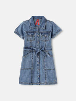 Blue Giraffe - Girls Blue Shirt Collar Short Sleeve Solid Denim Shirt Dress