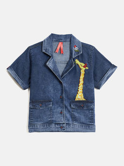Blue Giraffe - Girls Blue Resort Collar Short Sleeve Embroidered Denim Shirt