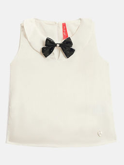 Blue Giraffe - Girls White Peterpan Collar Vertical Textured Decorative Bow Tops