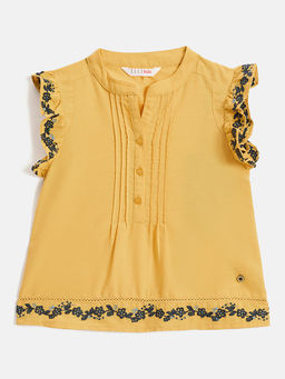 ELLE - Girls Yellow Mandarin Collar Sleeveless Embroidered Regular Top
