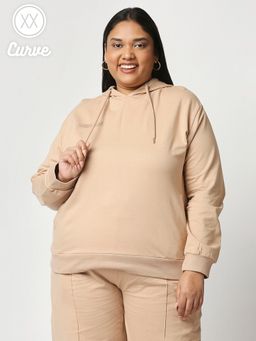 Twenty Dresses by Nykaa Fashion - Curve Beige Solid Full Sleeves Basics Hoodie