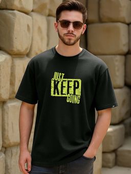 Bewakoof - Men Jet Black Just Keep Going Typography Oversized T-shirt
