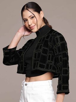 Ritu Kumar - Black Geo Applique Crop Jacket