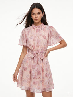 Outzidr - Pink Floral Flared 1 Dress