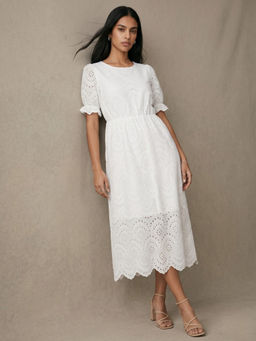 Outzidr - White Self Design Flared 1 Dress