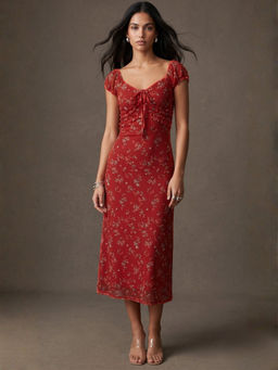 Outzidr - Red Floral Flared 1 Dress