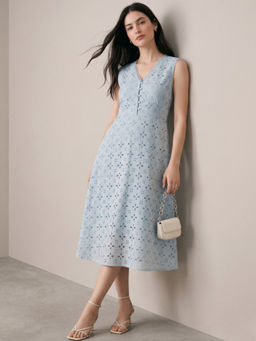 Outzidr - Blue Embroidered Flared 1 Dress