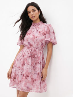 Outzidr - Pink Floral Flared 1 Dress