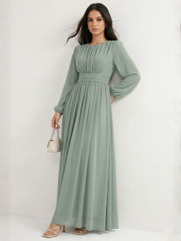 Outzidr - Green Solid/Plain Flared 1 Dress