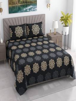 Threadwear - Charcoal Grey Floral Cotton 400 TC Flat Queen size Bedsheet with 2 Pillow Covers