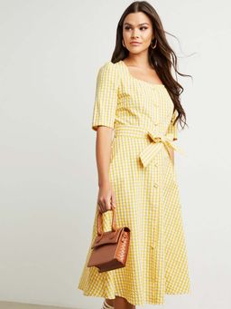 Styli - Yellow Gingham Check Square Neck Midi Dress With Self Tie Up