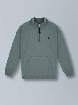PLUM TREE - Green Boys Solid Pure Cotton Half Zip Closure Sweatshirt