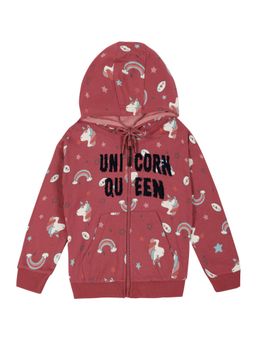 PLUM TREE - Red Girls Printed Pure Cotton Front Zip Closure Hoodie
