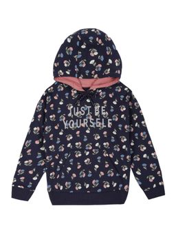PLUM TREE - Navy Blue Girls Floral Printed Pure Cotton Hoodie