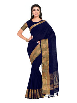 Mimosa - Linen Navy blue Saree With Blouse Piece