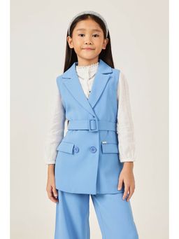 One Friday - Girls Blue Solid Sleeveless V-Neck Jacket With Belt