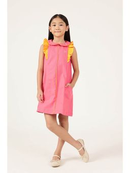 One Friday - Girls Pink Solid Cotton Sleeveless Peter Pan Collar Dress
