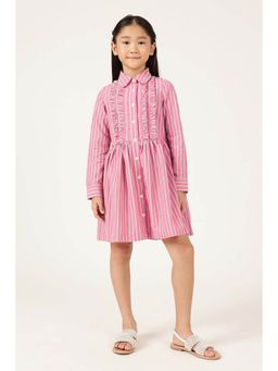 One Friday - Girls Pink Striped Cotton Shirt Collar Full Sleeve Dress
