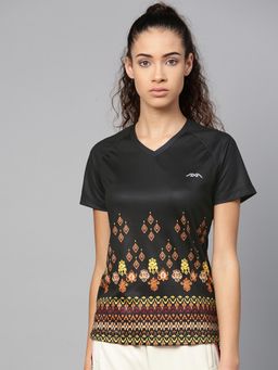 Alcis - Women Black Beige Self Design V-neck T-shirt