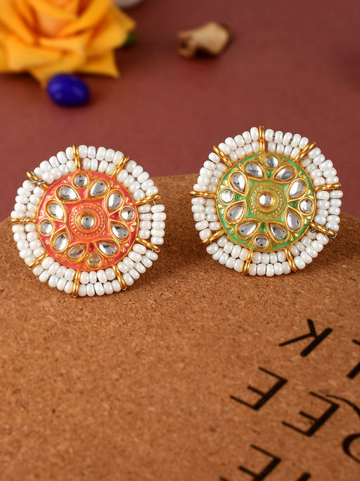 Silvermerc Designs Gold Plated Kundan Pearl Meenakari Adjustable Traditional Finger Rings (Set of 2)